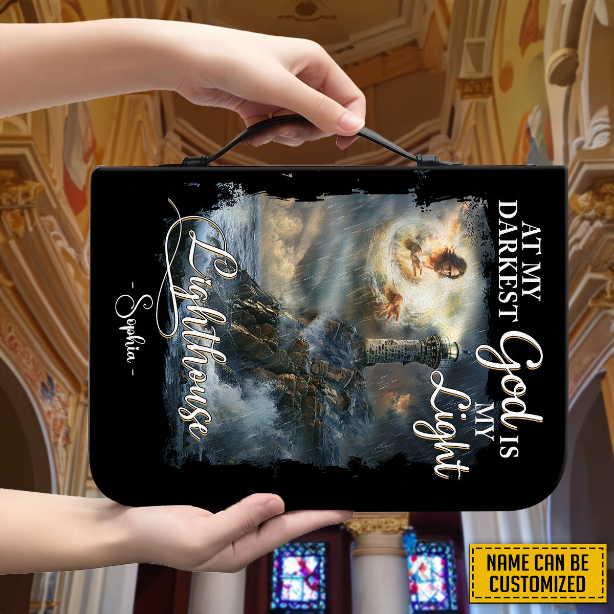 Teesdily | Personalized Jesus Lighthouse Storm Bible Cover, At My Darkest God Is My Light Bible Case With Handle, God Faith Christian Religious Gift