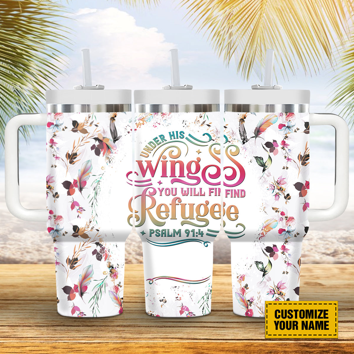 Teesdily | Customized Feather Pattern Tumbler With Handle, Under His Wings You Will Find Refuge Tumble Cups, God Inspiration 40oz Insulated Tumbler