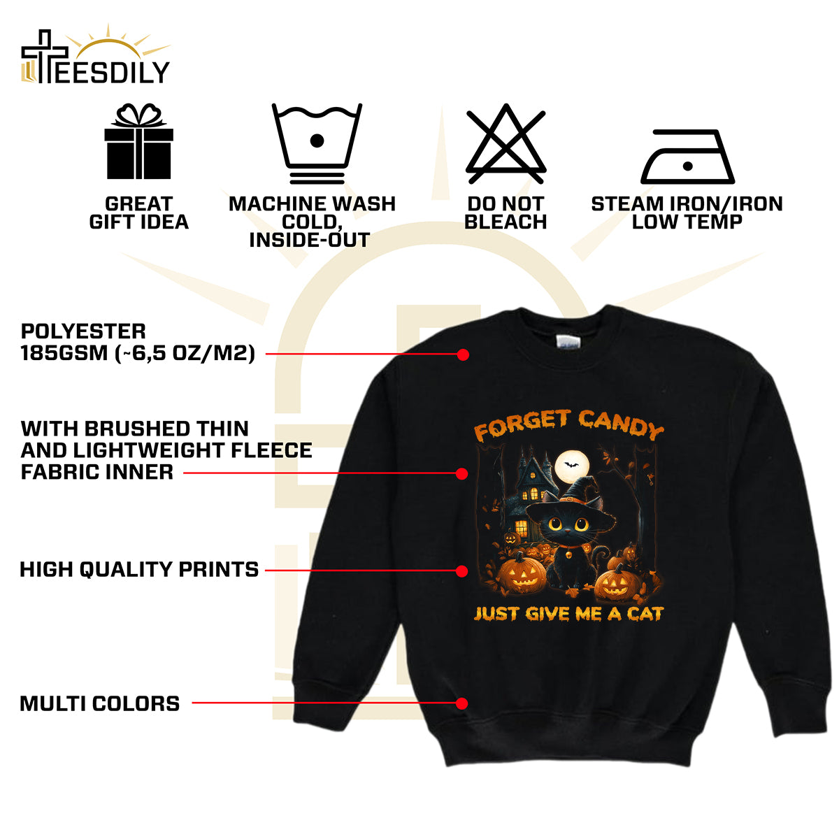 Teesdily | Halloween Cute Cat Shirt, Forget Candy Just Give Me A Cat Tee Sweatshirt Hoodie Mug, Halloween Cat Lovers Gifts, Cat Halloween Moon Shirt