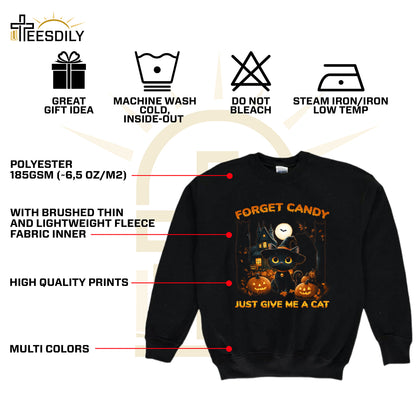 Teesdily | Halloween Cute Cat Shirt, Forget Candy Just Give Me A Cat Tee Sweatshirt Hoodie Mug, Halloween Cat Lovers Gifts, Cat Halloween Moon Shirt