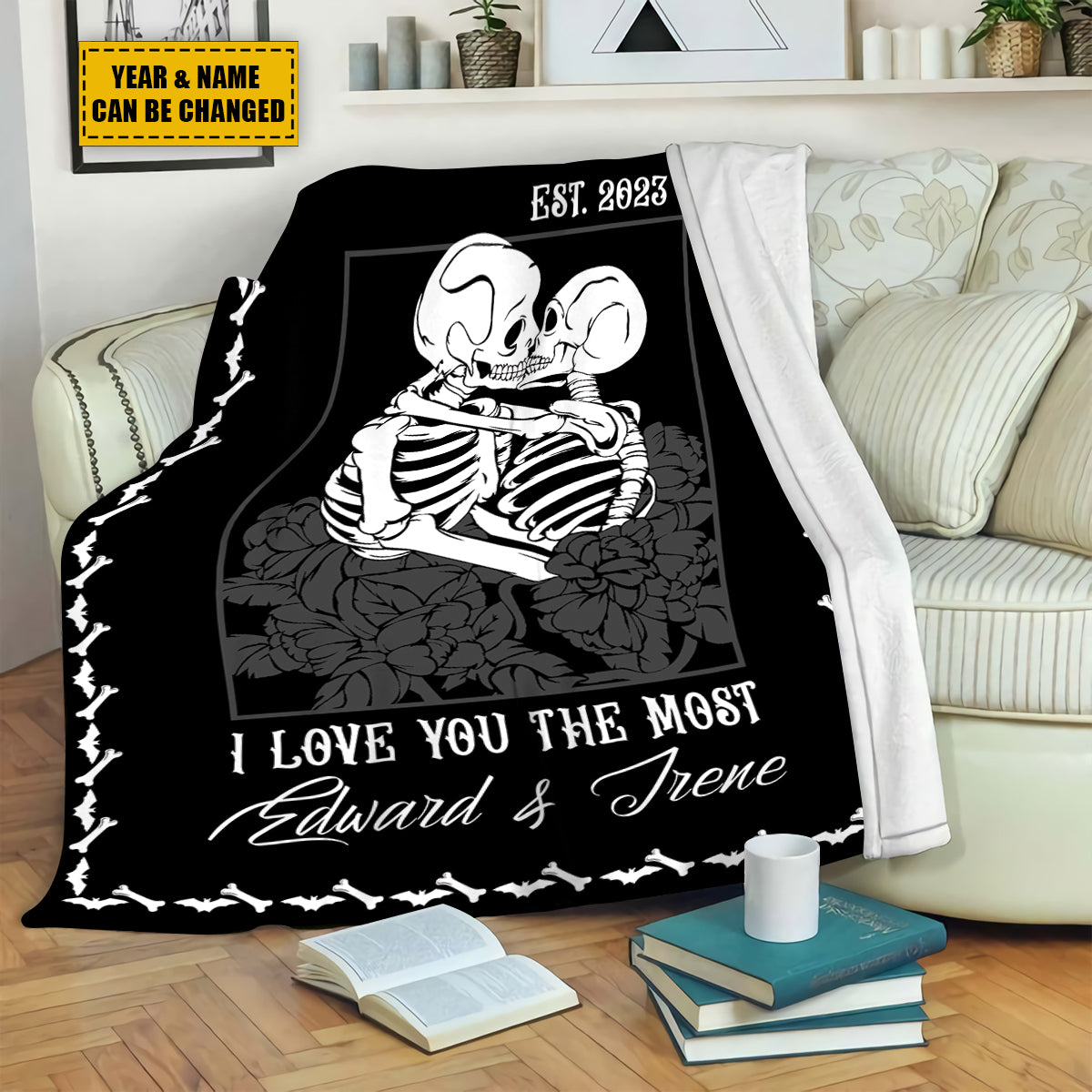 Teesdily | Skull Couple Personalized Fleece Blanket I Love You The Most Sofa Blanket Halloween Throw Spooky Skull Decor Goth Halloween Custom Gifts