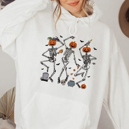 Teesdily | Dancing Skeleton Pumpkin Shirt, Retro Halloween Spooky Season Sweatshirt Hoodie Mug, Halloween Pumpkin Face T-shirt, Halloween Shirt Gift