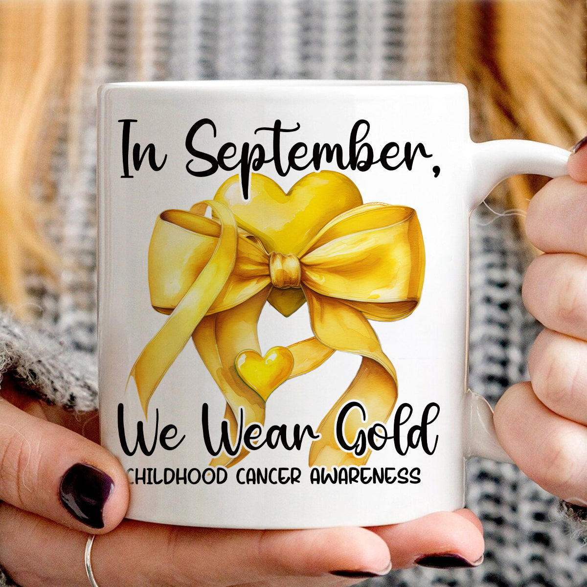 Teesdily | In September We Wear Gold Shirt, Cancer Coquette Bow Gold Sweatshirt, Childhood Cancer Awareness Hoodie Mug Survivor