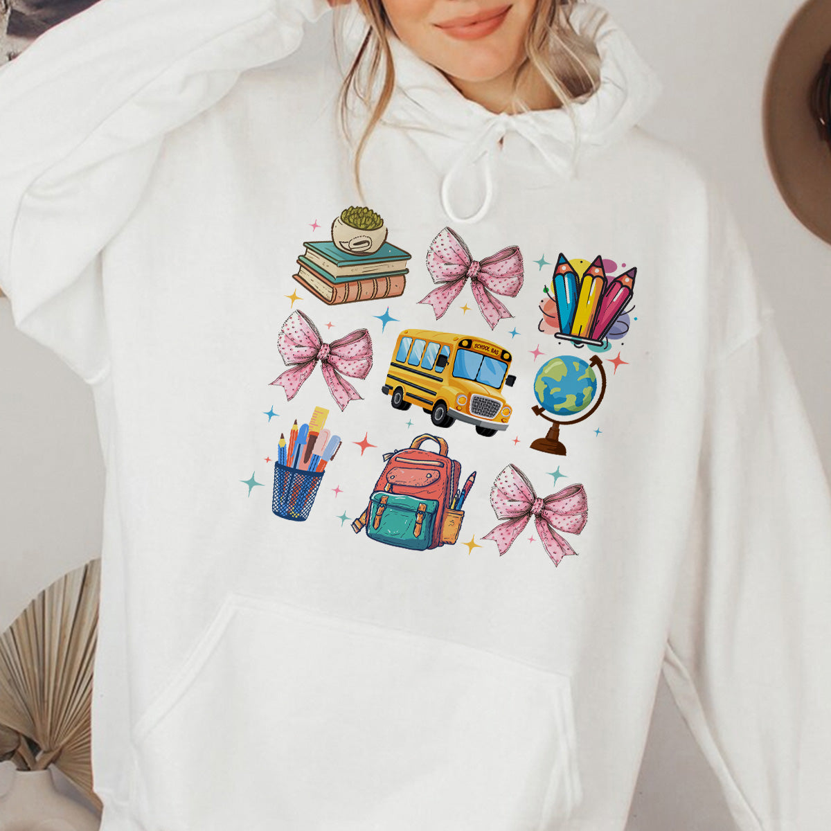 Teesdily | Coquette School Shirt, Back To School Shirts, Teacher Coquette Pink Bow Sweatshirt Hoodie Mug, First Day Of School, Teacher Appreciation