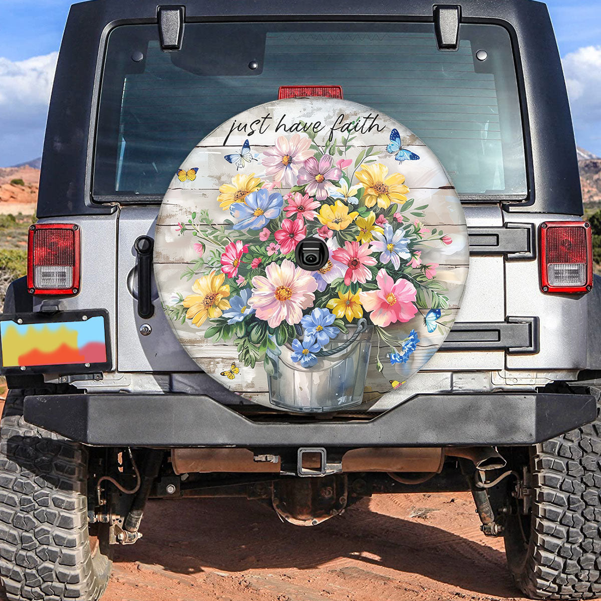 Teesdily | Pansies Blooming Butterfly Spare Tire Cover, Just Have Faith God Wheel Cover, Christian Girl Gifts, Inspiration Spare Tire Cover 27"-34"