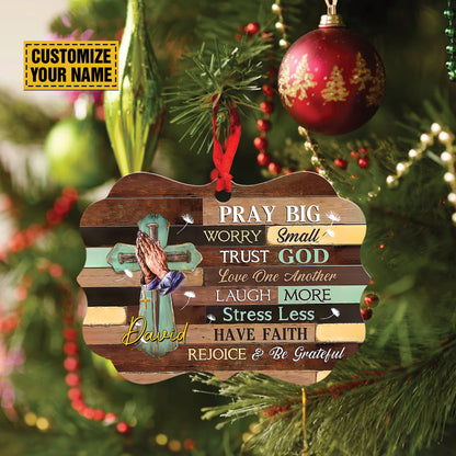 Teesdily | Customized Jesus Cross Hands Praying Ornament, Pray Big Worry Small Trust God Love One Another Ornaments Jesus Lovers Gifts, Christmas Decoration