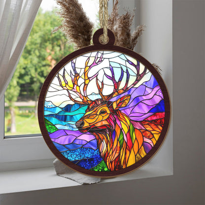 Teesdily | Deer Suncatcher, Deer Stained Glass Suncatcher, Elk Suncatcher Ornament, Deer Christmas 2024 Gift, Ornament Christmas, Deer Lover Gift