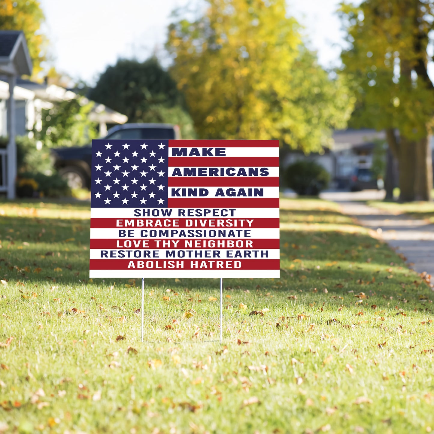 Teesdily | Make Americans Kind Again Yard Sign, American Flag Patriot Lawn Garden Sign, Show Respect Us Metal Outdoor Sign, Christian Home Decor Gift