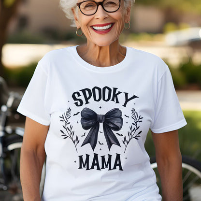 Teesdily | Retro Coquette Spooky Mama Bow Halloween Shirt, Back Bow Bat Flower Halloween Sweatshirt Hoodie Mug, Mama T-shirt, Halloween Gift