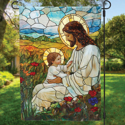 Teesdily | Jesus Blessing The Children Garden Flag, God With Children Flower Stained Glass Printed Flag Yard, Christmas House Flag