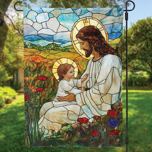 Teesdily | Jesus Blessing The Children Garden Flag, God With Children Flower Stained Glass Printed Flag Yard, Christmas House Flag