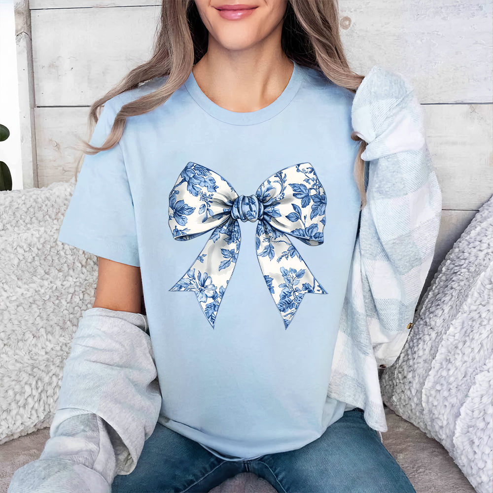 Teesdily | Toile De Jouy Coquette Bow Shirt, Blue Ribbon Sweatshirt, Toile Blue Bow Hoodie Mug, Girly Aesthetic Gift For Mom Sister