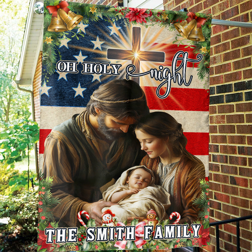 Teesdily | Customized Nativity Of Jesus Holy Family American Flag House, Oh Holy Night Christmas Garden Flag Decoration Yard