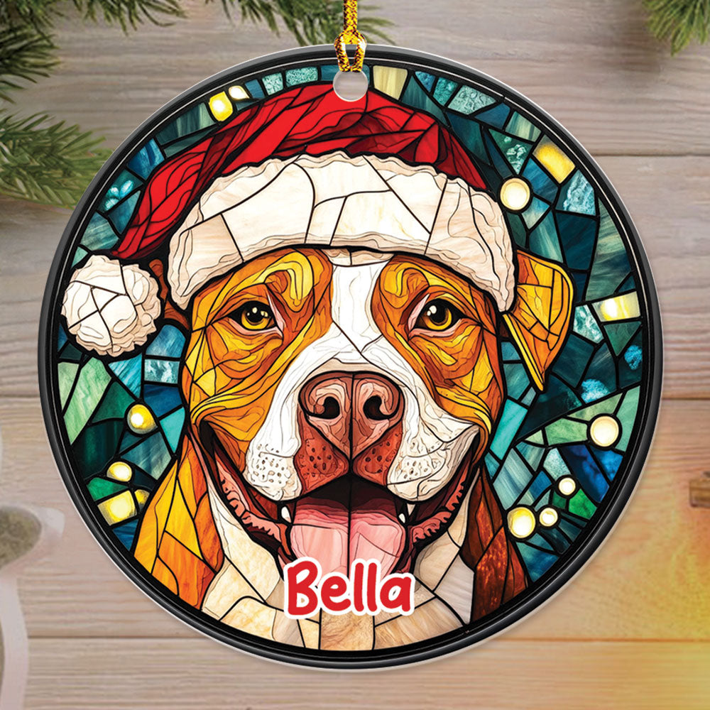 Teesdily | Customized Pit Bull Ornament Christmas, Dog Stained Glass 2D Ornament Christmas Decor, Dog Mom Pit Bull Lover Gift