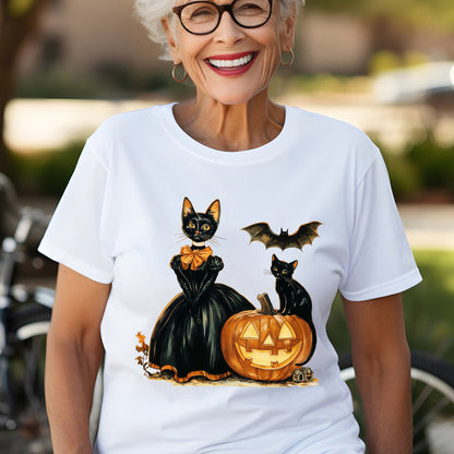 Teesdily | Cat Witch Halloween Shirt, Retro Halloween Pumpkin Sweatshirt, Black Cat Spooky Season Hoodie Mug, Cat Lover Gift