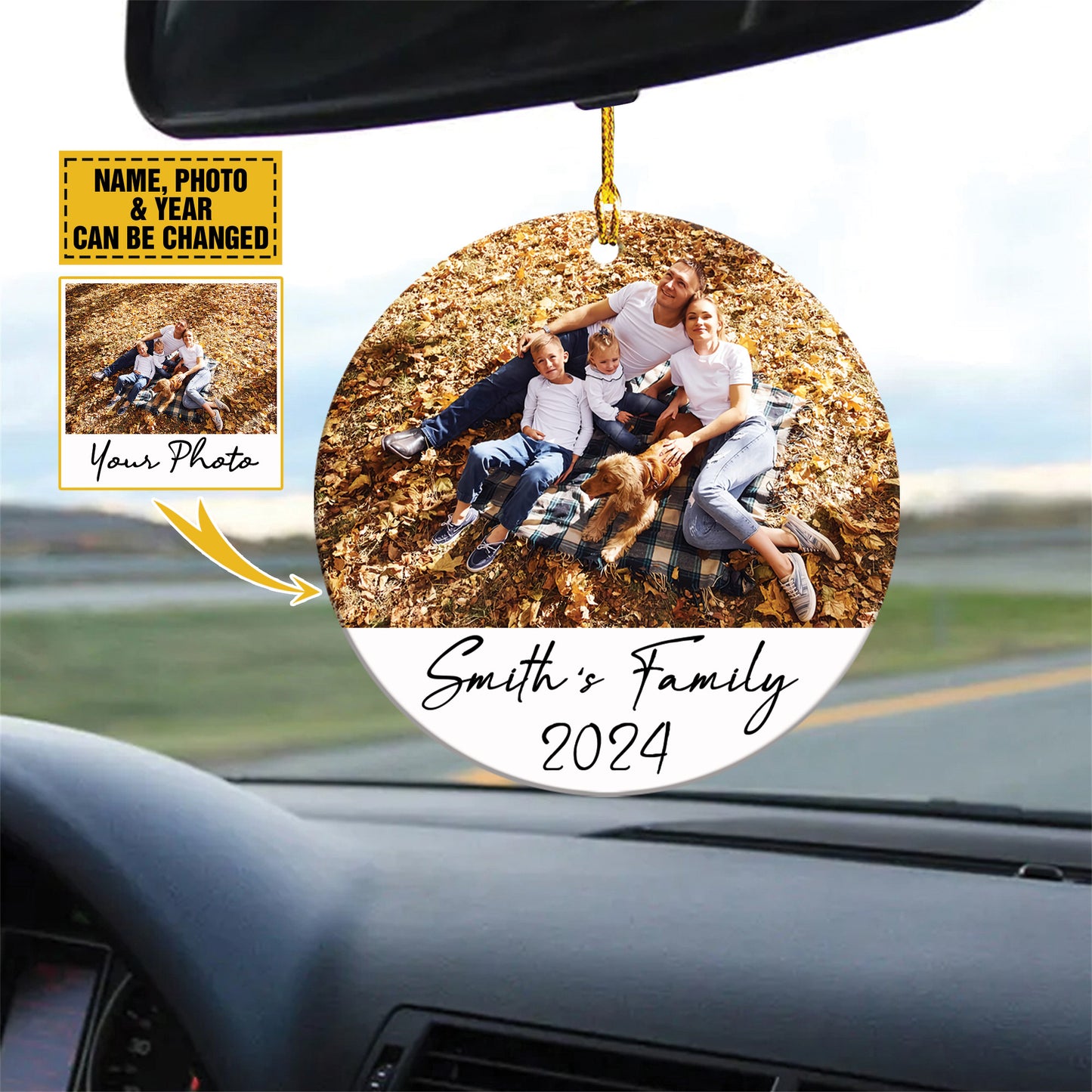 Teesdily | Personalized Family Picture Ornament Rear View Mirror Accessories, Unique Christmas Ornament, Family Memorial Ornament, Christmas Gift