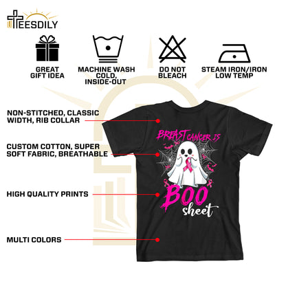 Teesdily | Pink Ribbon Breast Cancer Is Boo Sheet Shirt, Cute Halloween Ghost Boo Sweatshirt, Cancer Survivor Hoodie Mug