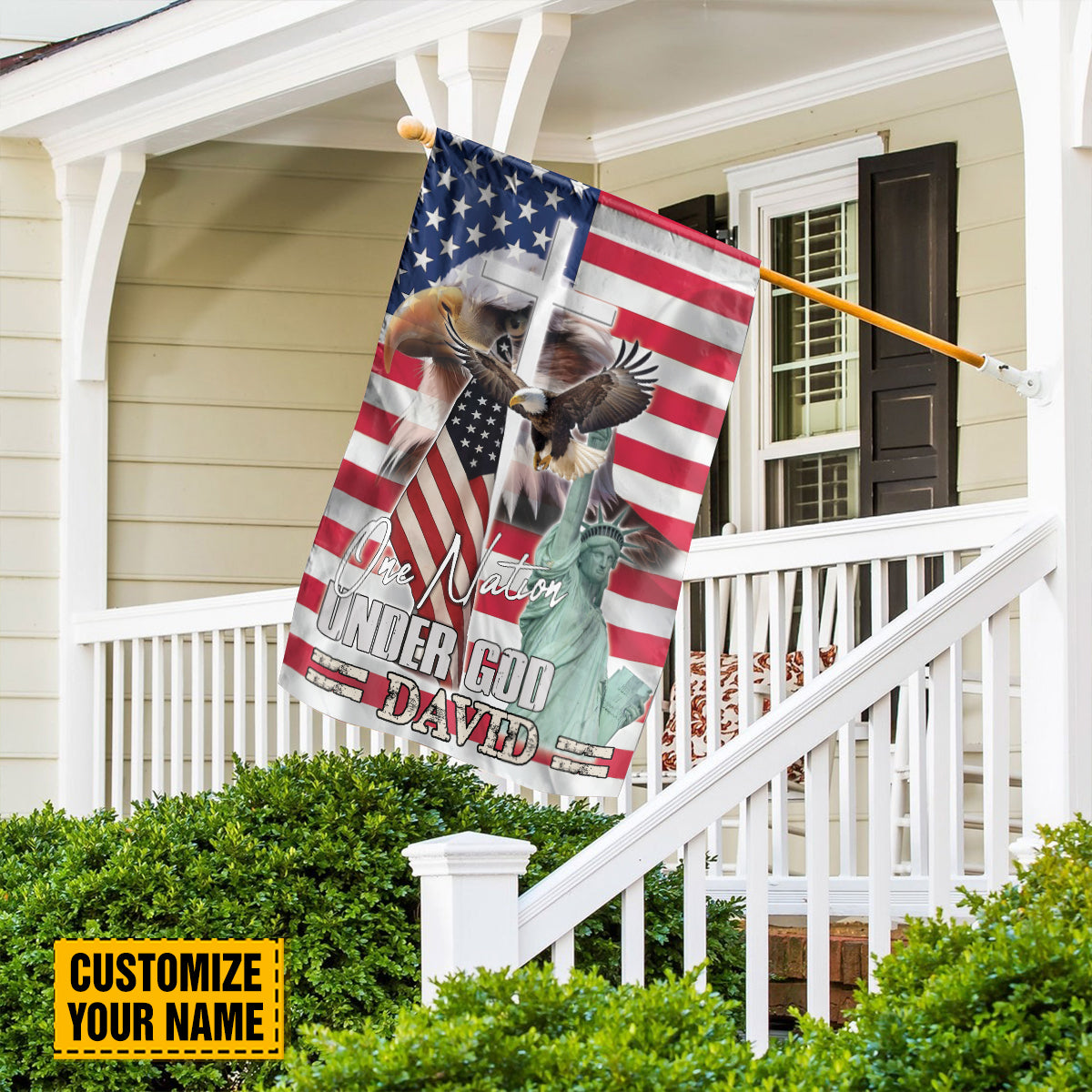 Teesdily | Customized American Eagle Garden Flag, Statue Of Liberty Jesus Cross House Flag, One Nation Under God Outdoor Flag, Independence Day Gifts