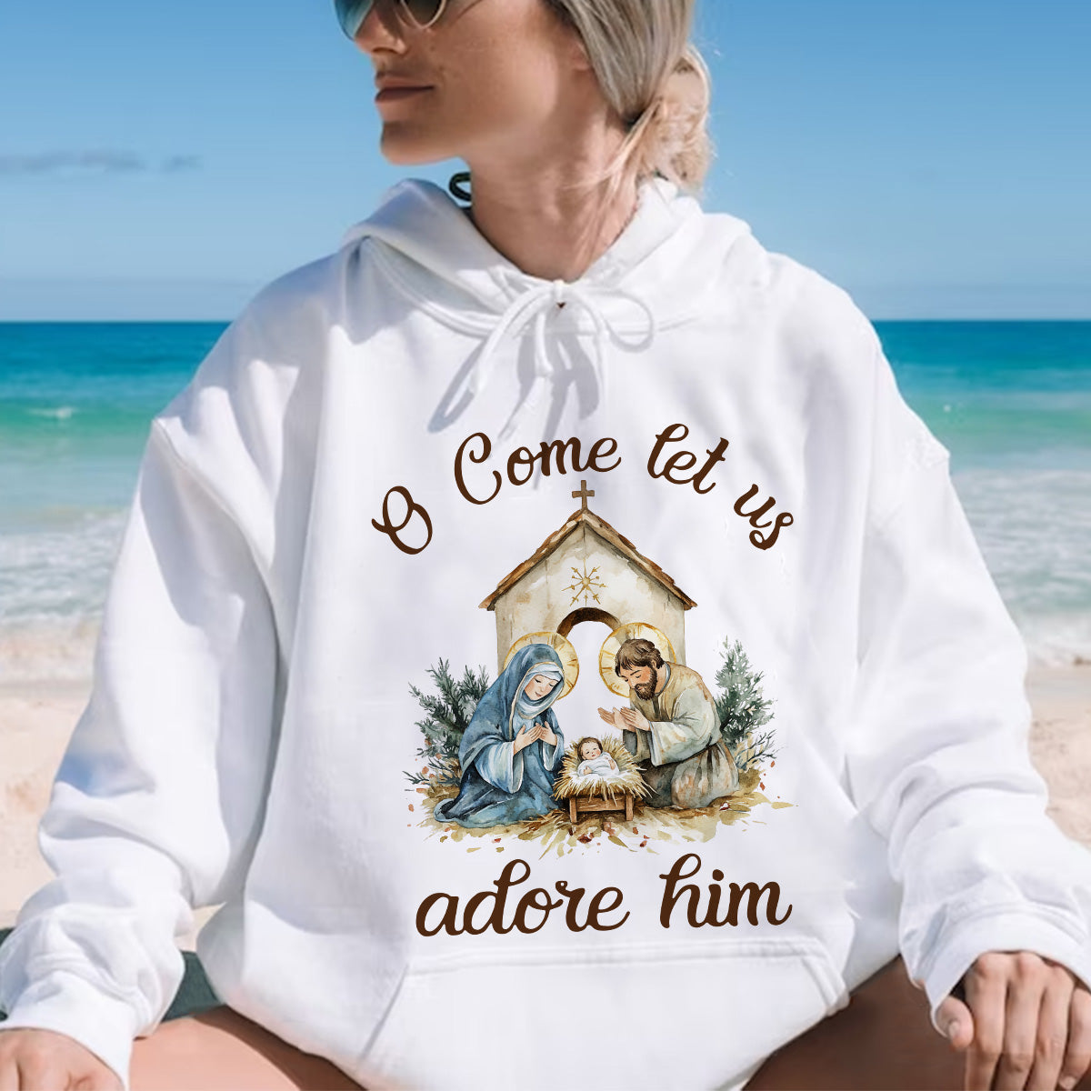 Teesdily | Nativity Scene Shirt, O Come Let Us Adore Him Shirt, Christmas Jesus Nativity Sweatshirt, Christian Birth Religious Hoodie Mug, Xmas Gift