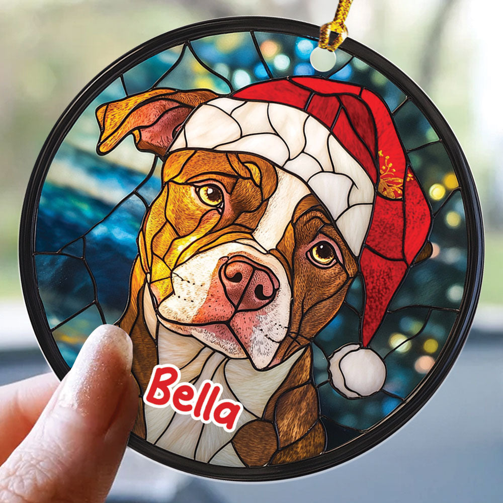 Teesdily | Customized Pit Bull Ornament Christmas, Dog Stained Glass 2D Ornament Christmas Decor, Dog Mom Pit Bull Lover Gift