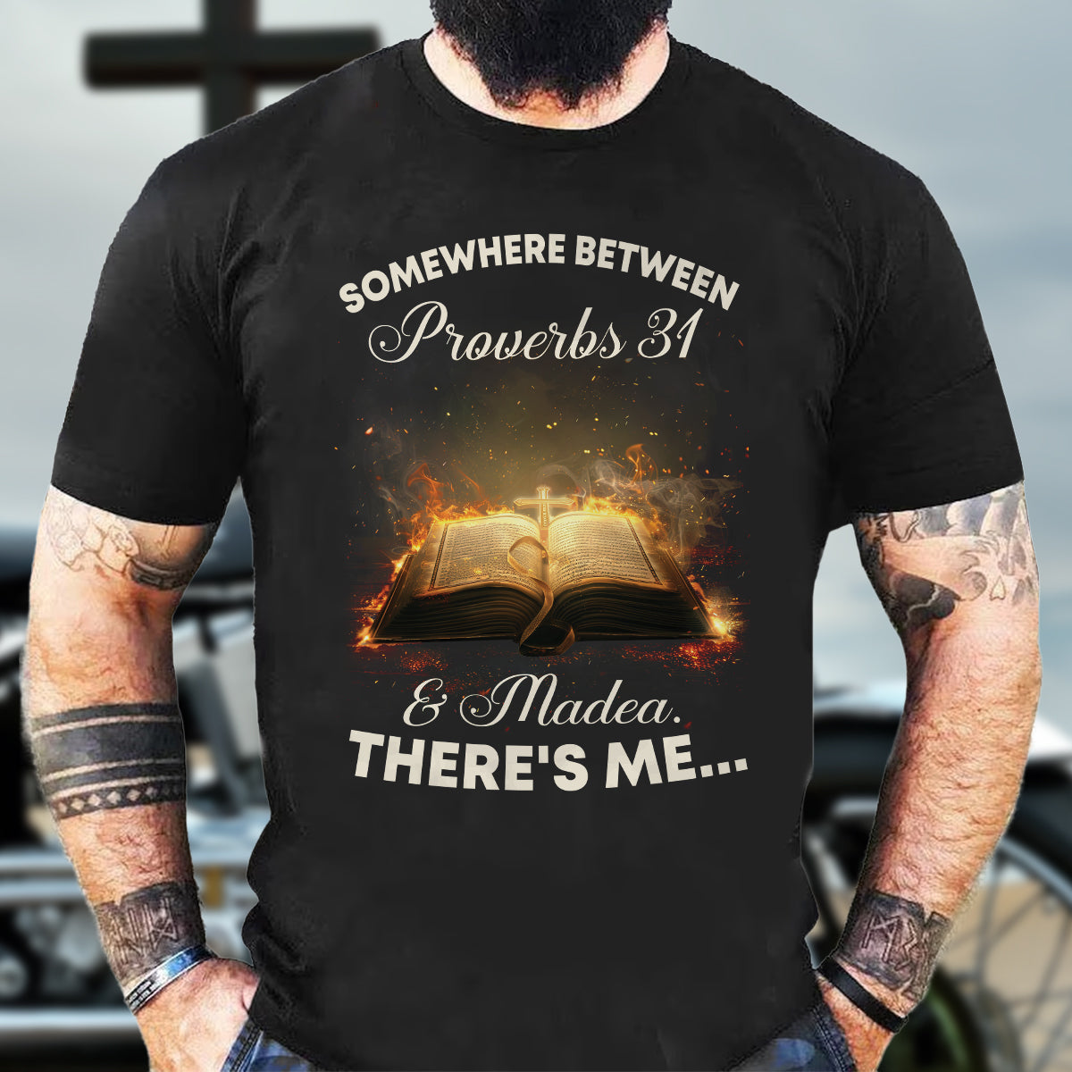 Teesdily | Holy Bible Book Jesus Shirt, Somewhere Between Proverbs 31 & Madea There's Me Shirt, Christian Book Sweatshirt Hoodie Mug, Jesus Gifts