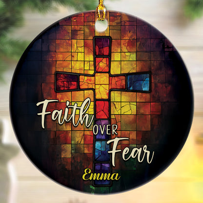 Teesdily | Customized Jesus Cross Stained Glass Print Ornament Christmas, Faith Over Fear Christian Art Ornament Religious Gift