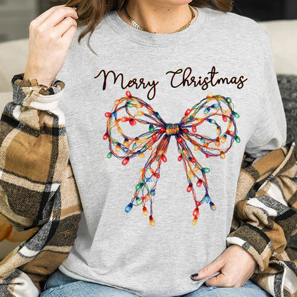 Teesdily | Merry Christmas Bow Light Shirt, Christmas Coquette Bow Sweatshirt, Merry And Bright Lights Bow Hoodie Mug For Women