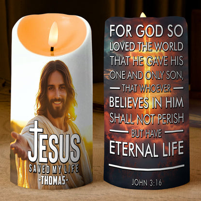 Teesdily | Customized Jesus Saved My Life LED Candle, Faith Cross Religious LED Candle No Battery, Baptism Gift Christmas Decor