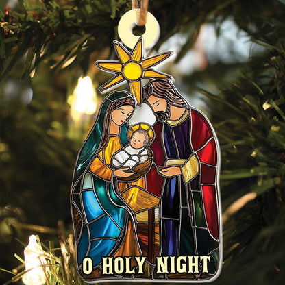 Teesdily | Jesus O Holy Night Christmas Ornament, Jesus Christ Nativity Stained Glass Print Ornament 2D, Holy Family Ornament Xmas