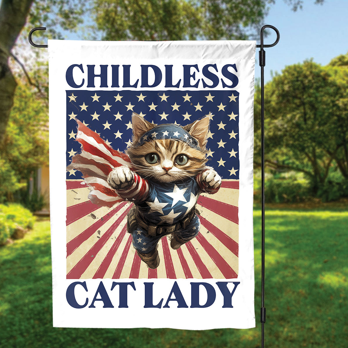 Teesdily | Childless Cat Lady Garden Flag, Hero Cat House Flag, American Flag Yard Banner, Cat Ladies For Comma La Flag Decor Home