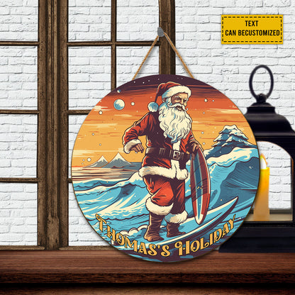 Teesdily | Customized Santa Claus Summer Surfing Christmas Wood Sign Surfing Lover Summer Holiday Home Decoration