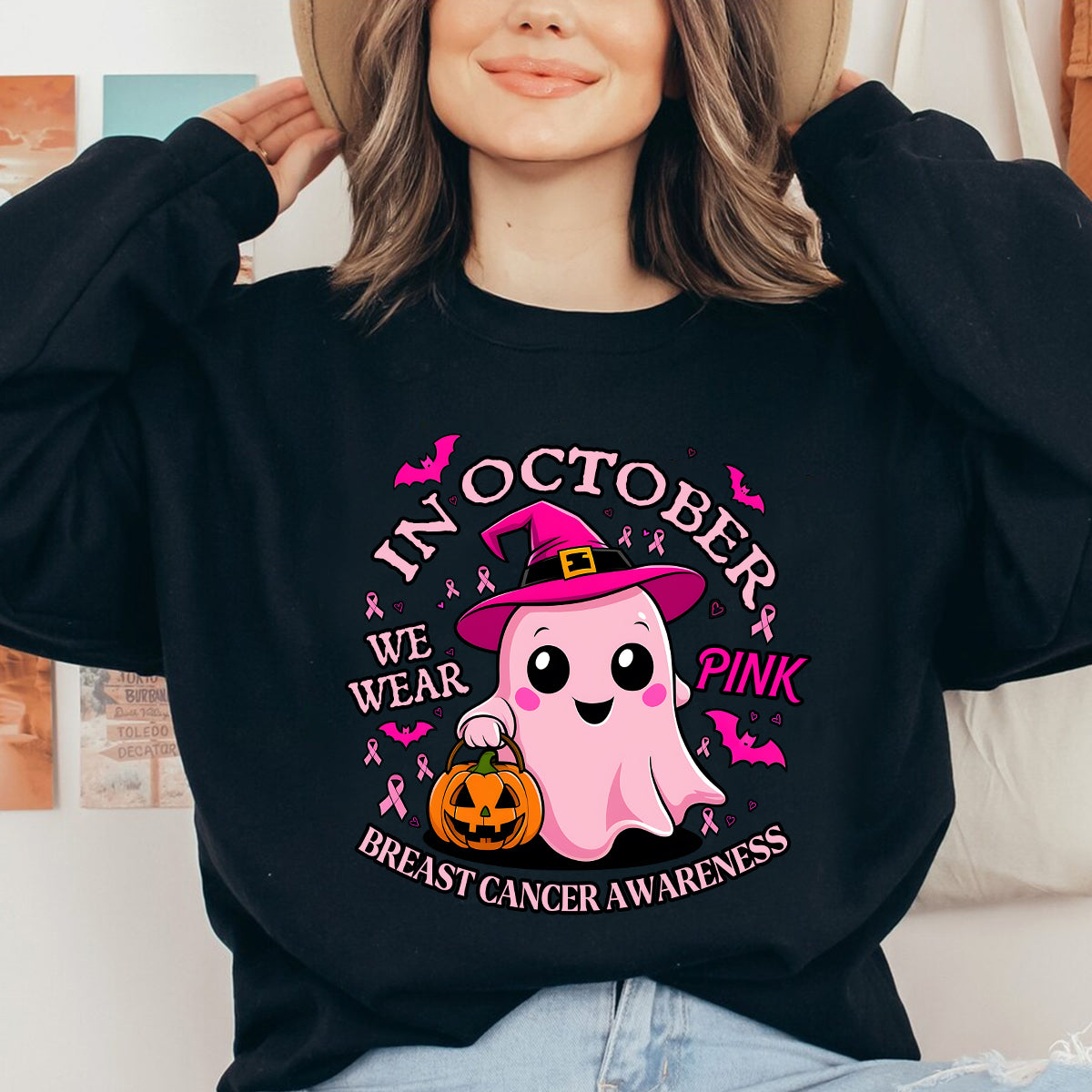 Teesdily | Cute Ghost Breast Cancer Awareness Shirt, In October We Wear Pink Tee Sweatshirt Hoodie Mug, Breast Cancer Support Warrior Gift