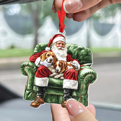 Teesdily | Santa Beagles Ornament Christmas, Santa Claus Dog On Sofa 2D Acrylic Ornament Hanging Decor, Dog Mom Christmas Gift