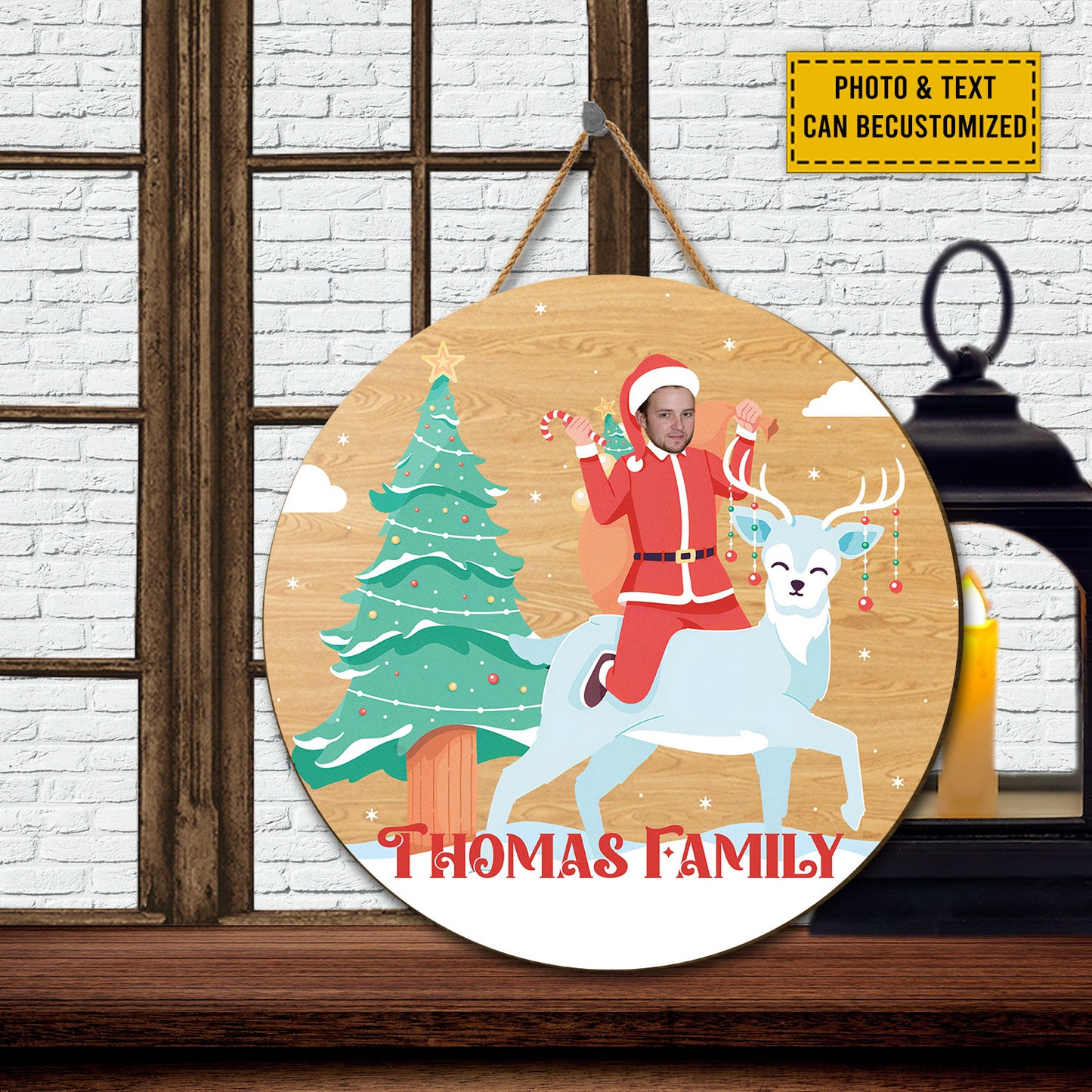 Teesdily | Customized Picture Santa Claus Riding Reindeer Christmas Wood Sign Funny Santa Cosplay Circle Name Sign Funny Christmas Gifts