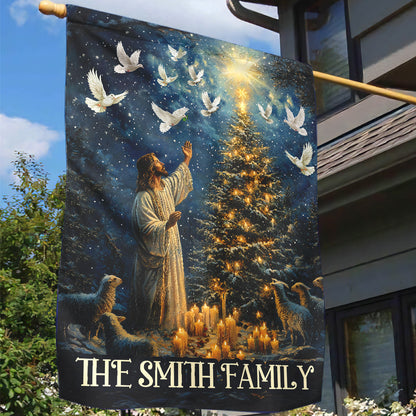 Teesdily | Custom Jesus Lamb Christmas Tree Garden Flag, Jesus Christ Candle Light Bird House Flag, Christmas Gift Religious