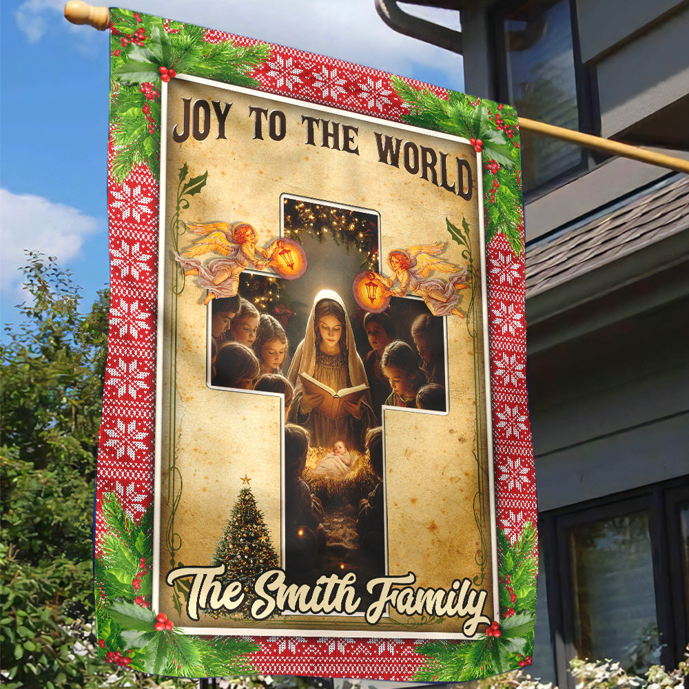 Teesdily | Custom Mary Nativity Jesus Christmas Flag, Joy To The World The Lord Is Come Garden Flag, Christ Cross House Flag Gift