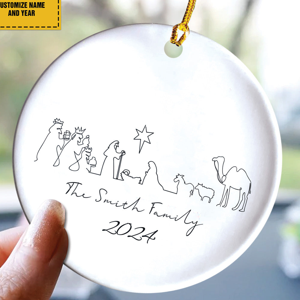 Teesdily | Customized Jesus Nativity Drawing Ceramic Ornament, Continous Line Drawing Jesus Holy Night Christmas Ornament Gift