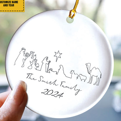 Teesdily | Customized Jesus Nativity Drawing Ceramic Ornament, Continous Line Drawing Jesus Holy Night Christmas Ornament Gift