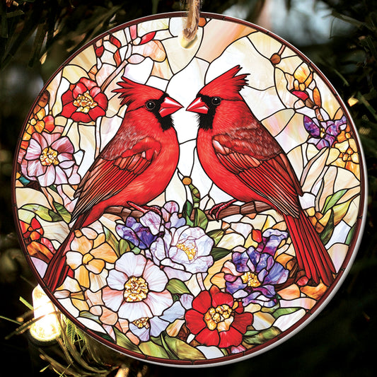 Teesdily | Couple Cardinal Ornament Christmas, Cardinal Stained Glass Acrylic 2D Ornament Christmas, Holiday Noel Ornament Gift