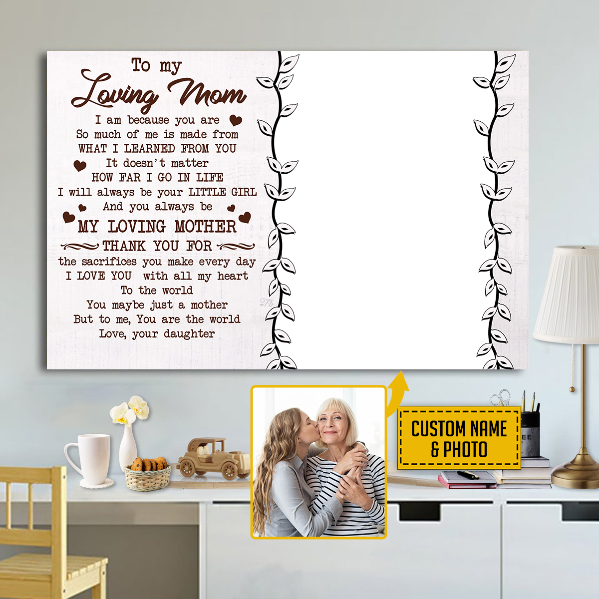 Teesdily | Mom Daughter Custom Poster Canvas With Photo To My Loving Mom Wall Art To Me You Are The World Personalized Gift For Mothers Day Birthday