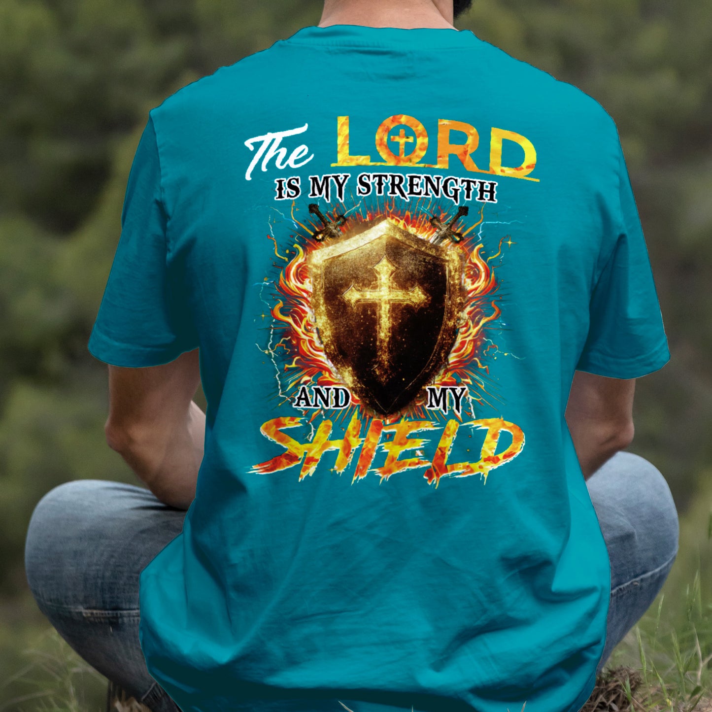 Teesdily | The Lord Is My Strength And My Shield Shirt, Jesus Christian Cross Sweatshirt, Faith God Hoodie Mug, Religious Gift Men