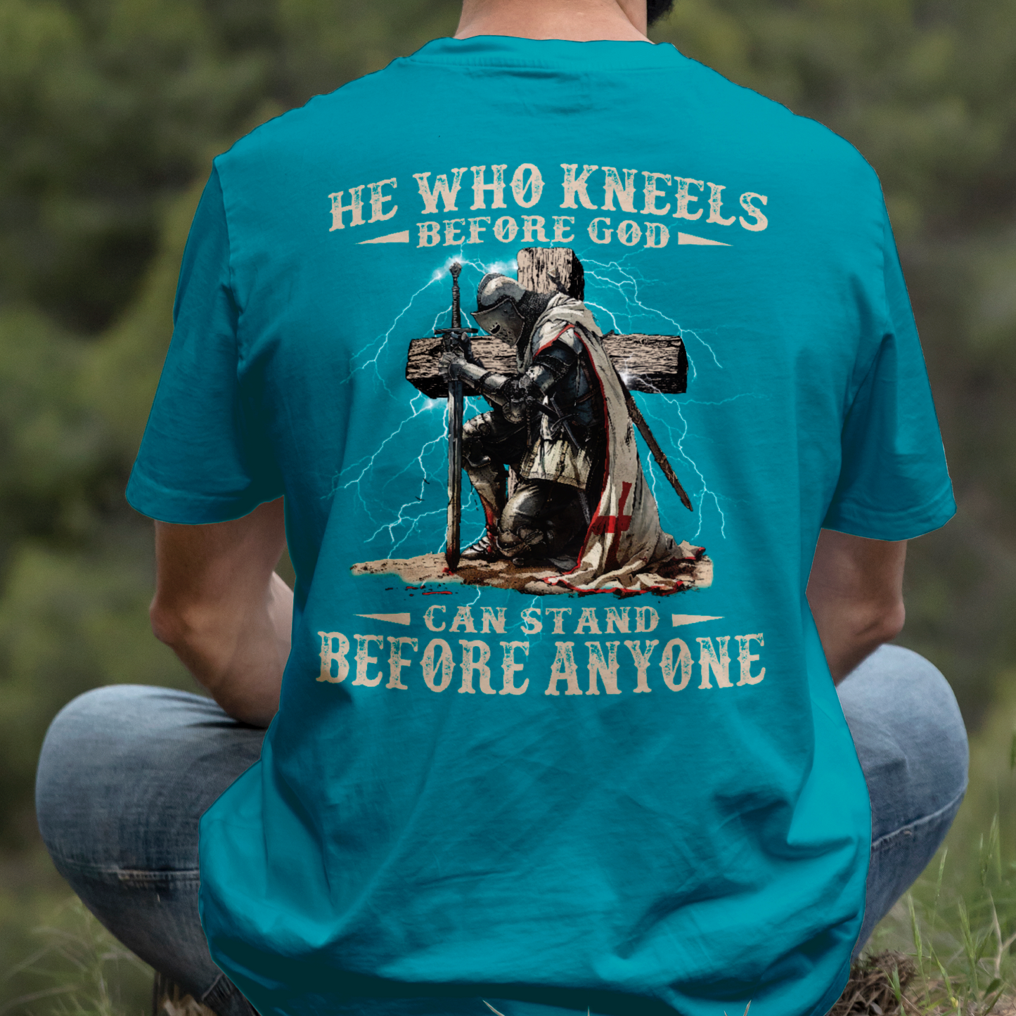 Teesdily | He Who Kneels Before God Shirt, Jesus Warrior Sweatshirt, Christian Cross Faith Hoodie Mug, Religious Gift Men