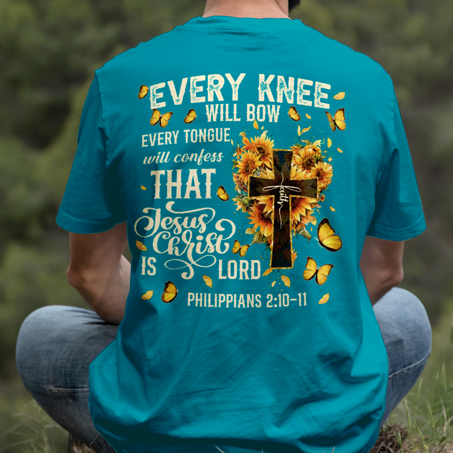 Teesdily | Every Knee Shall Bow Shirt, Every Tongue Shall Confess Sweatshirt, Bible Verse Sunflower Cross Jesus Hoodie Mug Gift