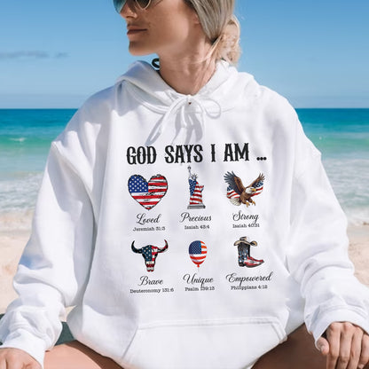 Teesdily | God Says I Am Shirt, American Flag Cowboy Sweatshirt, Eagle Heart Statue of Liberty Mug, Jesus Christ Mug Gifts