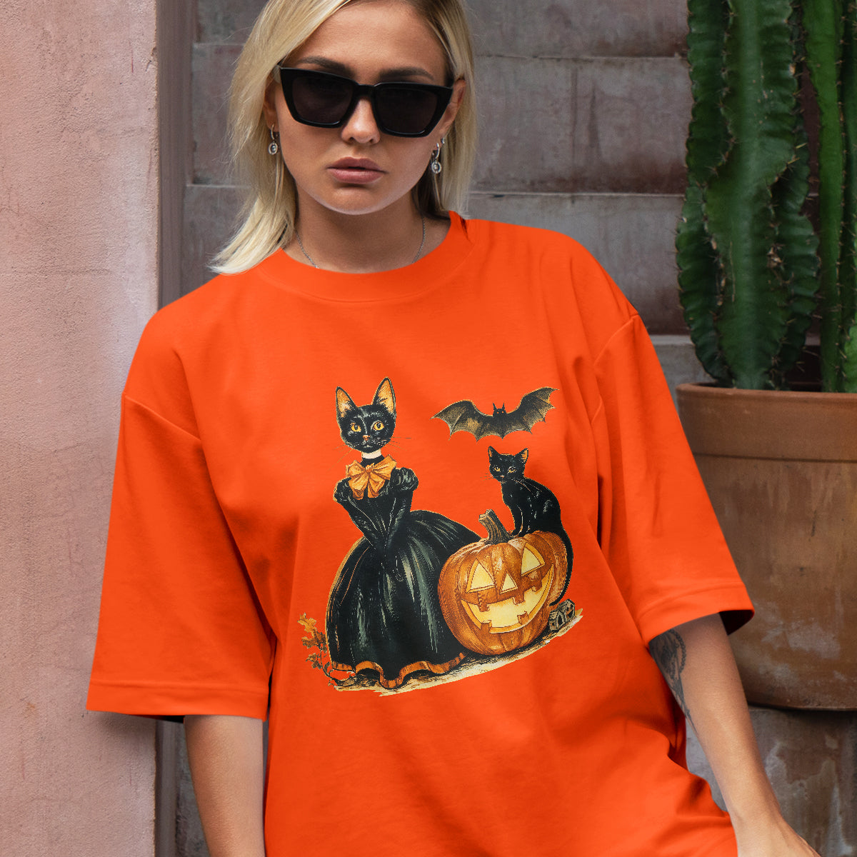 Teesdily | Childless Cat Lady Full Color Shirt, Halloween Pumpkin Witch And Cat Sweatshirt, Witchy Black Cat Hoodie Mug