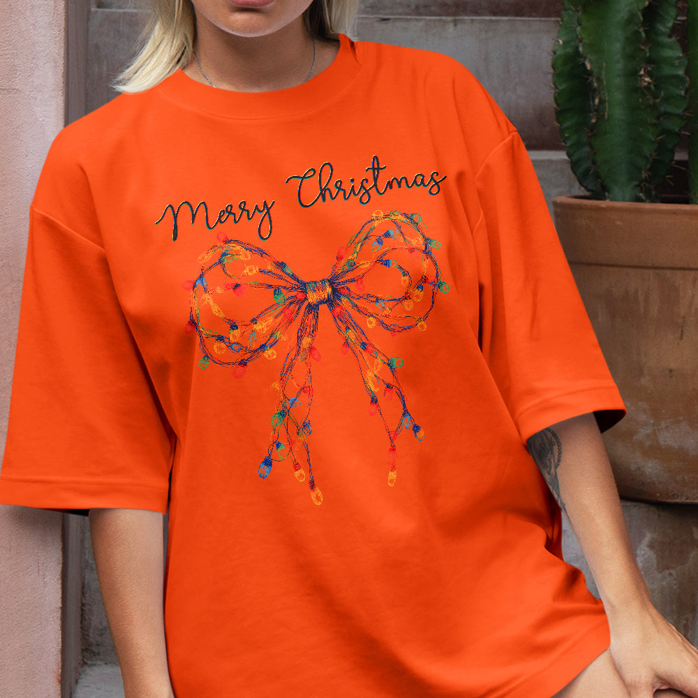 Teesdily | Merry Christmas Bow Light Shirt, Christmas Coquette Bow Sweatshirt, Merry And Bright Lights Bow Hoodie Mug For Women