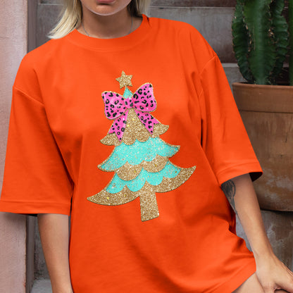 Teesdily | Christmas Tree Bow Shirt, Christmas Coquette Bow Glitter Leopard Sweatshirt, Christmas Hoodie Mug For Women