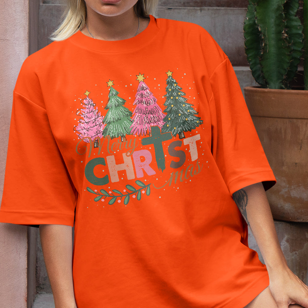 Teesdily | Merry Christmas Shirt, Jesus Christmas T-shirt, Christian Christmas Tree Sweatshirt, Holiday Christmas Hoodie Mug Gift