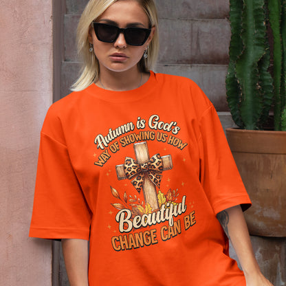 Teesdily | Jesus Cross Coquette Bow Thanksgiving Shirt, Autumn Is God's Way Tee Sweatshirt Hoodie Mug, Thanksgiving Jesus Gift