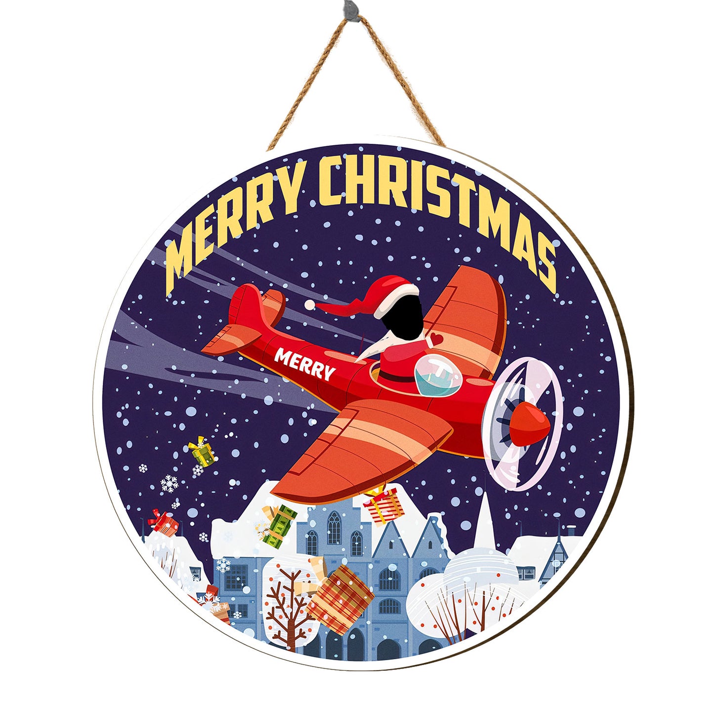 Teesdily | Customized Funny Pilot Wood Sign With Face Santa Claus Flying Plane Hanging Wood Sign Merry Christmas Daddy Gift Home Decoration